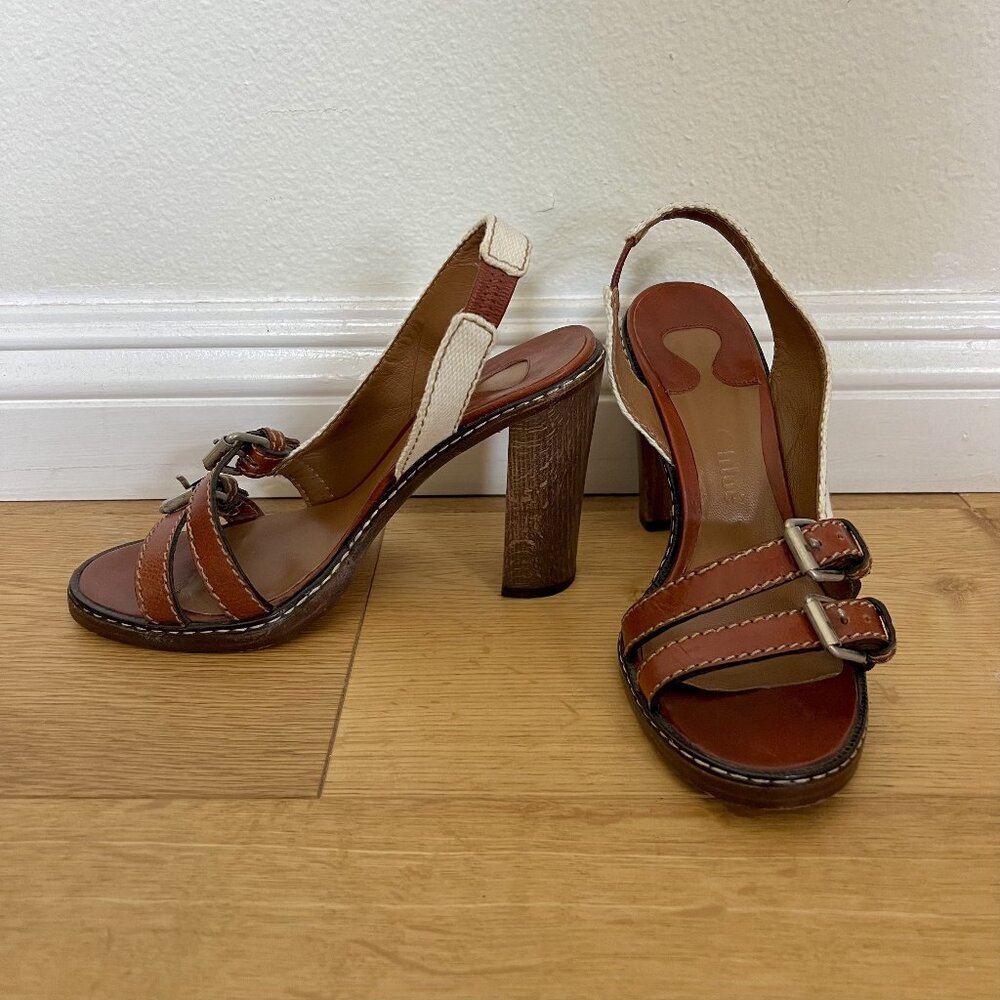 Chloé Cadbury 39 (US 9) Brown Leather Ivory Canvas Slingback Sandal Buckles